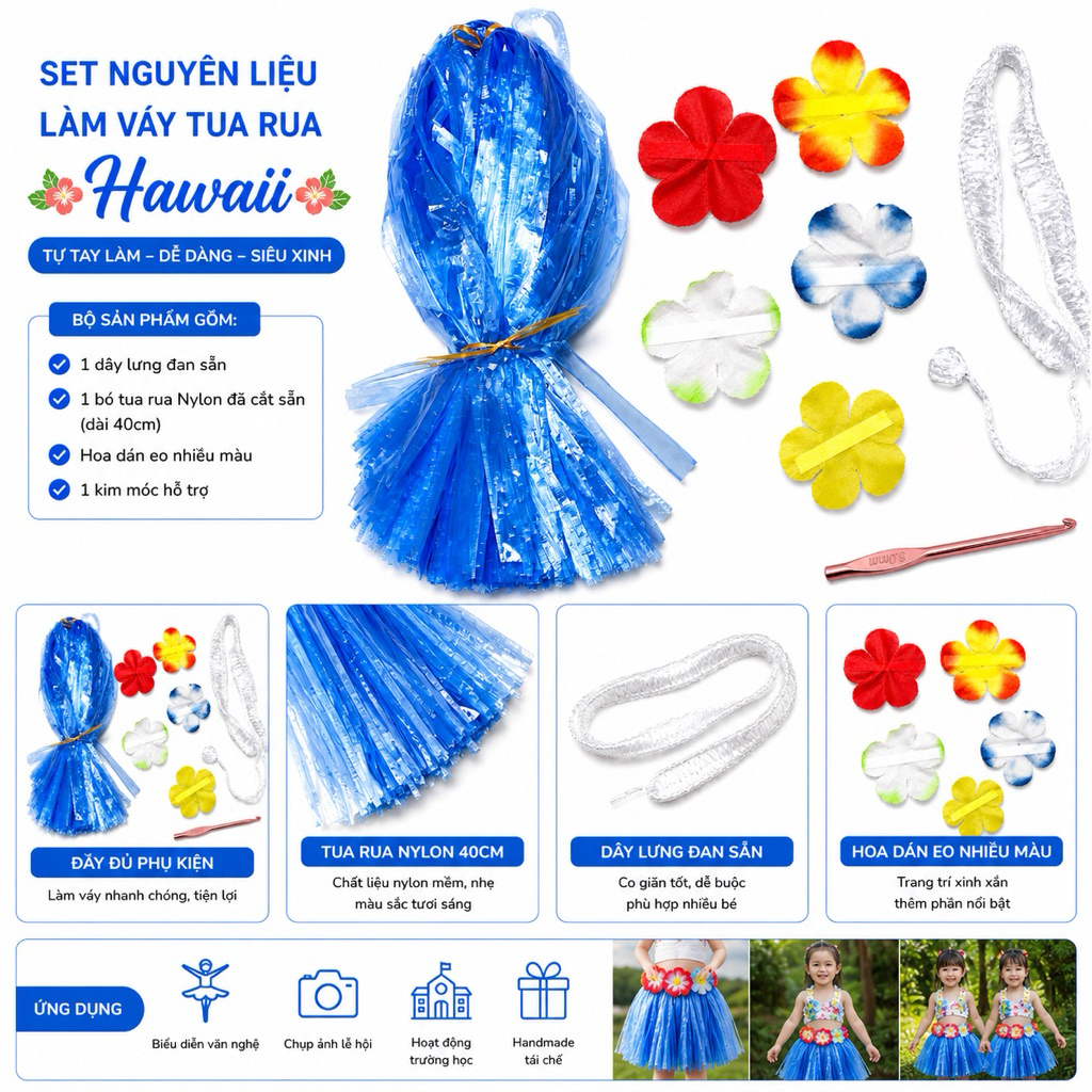Set nguyên liệu làm váy tua rua Hawaii cho bé | Combo DIY váy biểu diễn tái chế đầy đủ phụ kiện