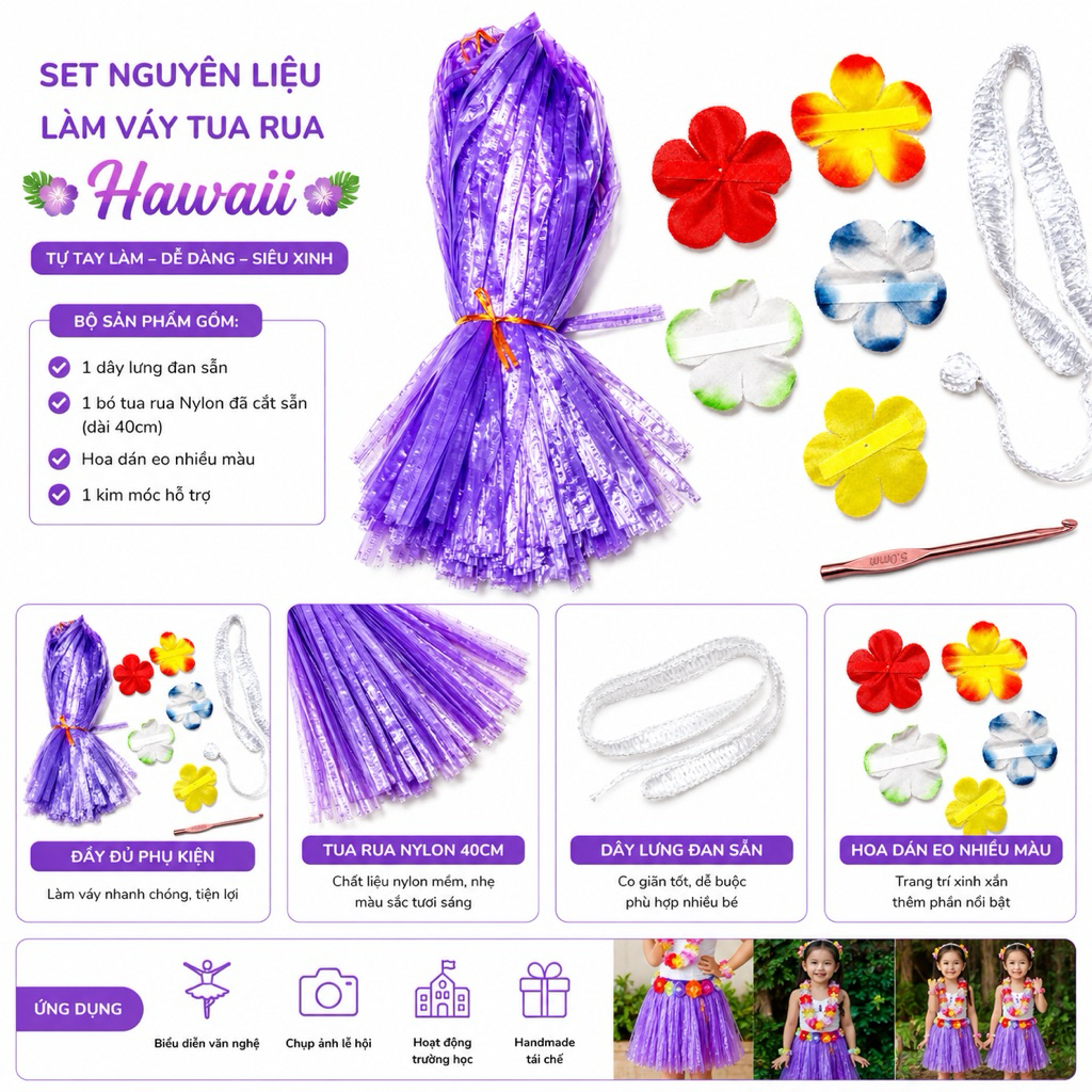 Set nguyên liệu làm váy tua rua Hawaii cho bé | Combo DIY váy biểu diễn tái chế đầy đủ phụ kiện