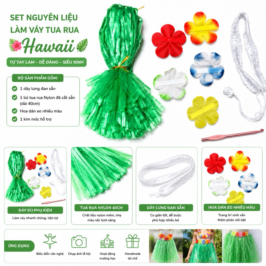 Set nguyên liệu làm váy tua rua Hawaii cho bé | Combo DIY váy biểu diễn tái chế đầy đủ phụ kiện