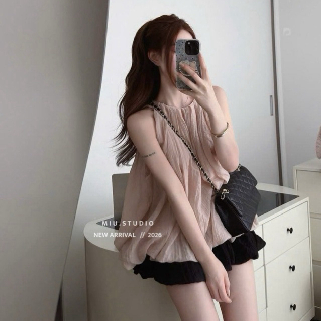 Set Áo babydoll sát nách dáng suông xoè bồng phối chân váy ngắn style tiểu thư HQ , Set đồ nữ đi chơi đi biển cực xinh