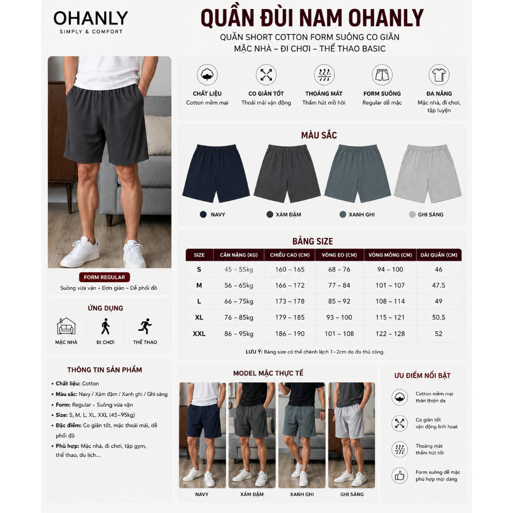 Quần Đùi Nam Mặc Nhà OHANLY – Quần Đùi Nam Cotton Form Suông Co Giãn Mặc Nhà Đi Chơi Thể Dục Basic