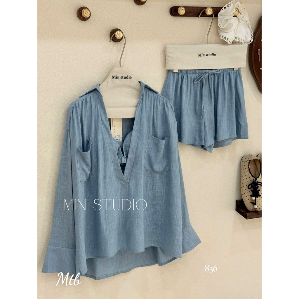 Set 3 món đi biển, chất cotton đũi mềm mát, điểm nhấn cổ khoét sâu, gam màu nhẹ nhàng