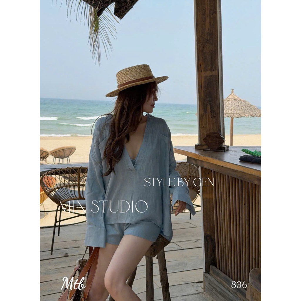 Set 3 món đi biển, chất cotton đũi mềm mát, điểm nhấn cổ khoét sâu, gam màu nhẹ nhàng