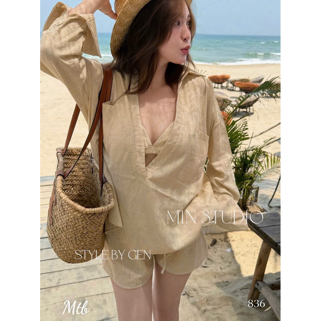 Set 3 món đi biển, chất cotton đũi mềm mát, điểm nhấn cổ khoét sâu, gam màu nhẹ nhàng