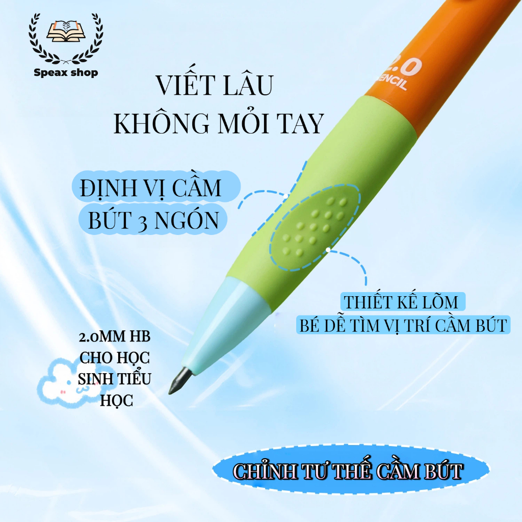 Bút chì định vị cá heo 2B 2.0mm – bút chì bấm cho học sinh tiểu học tập viết, chỉnh tư thế cầm 3 ngón, không đau mỏi tay