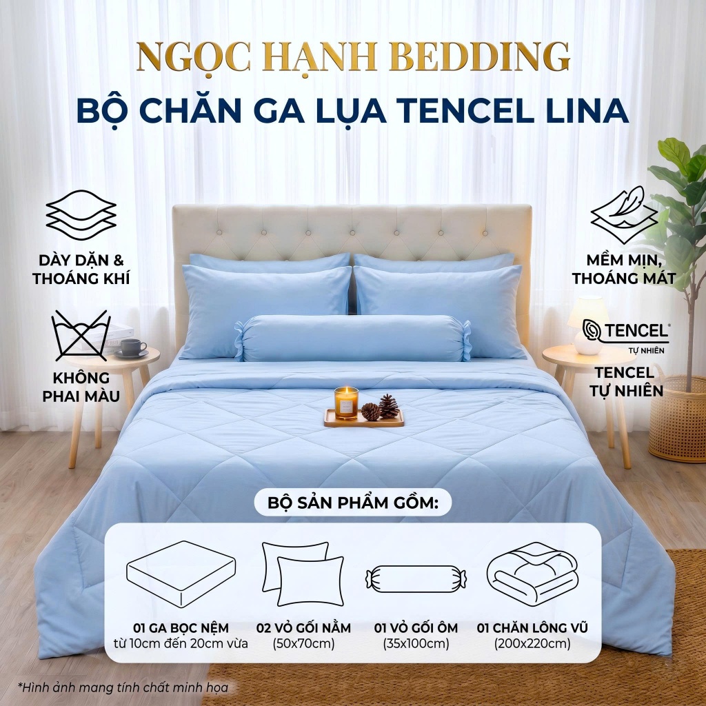 Bộ Ga Lụa Tencel MỀM MẠI, THOÁNG MÁT, Tencel Lina nệm 10cm đến 20cm - Ngọc Hạnh Bedding
