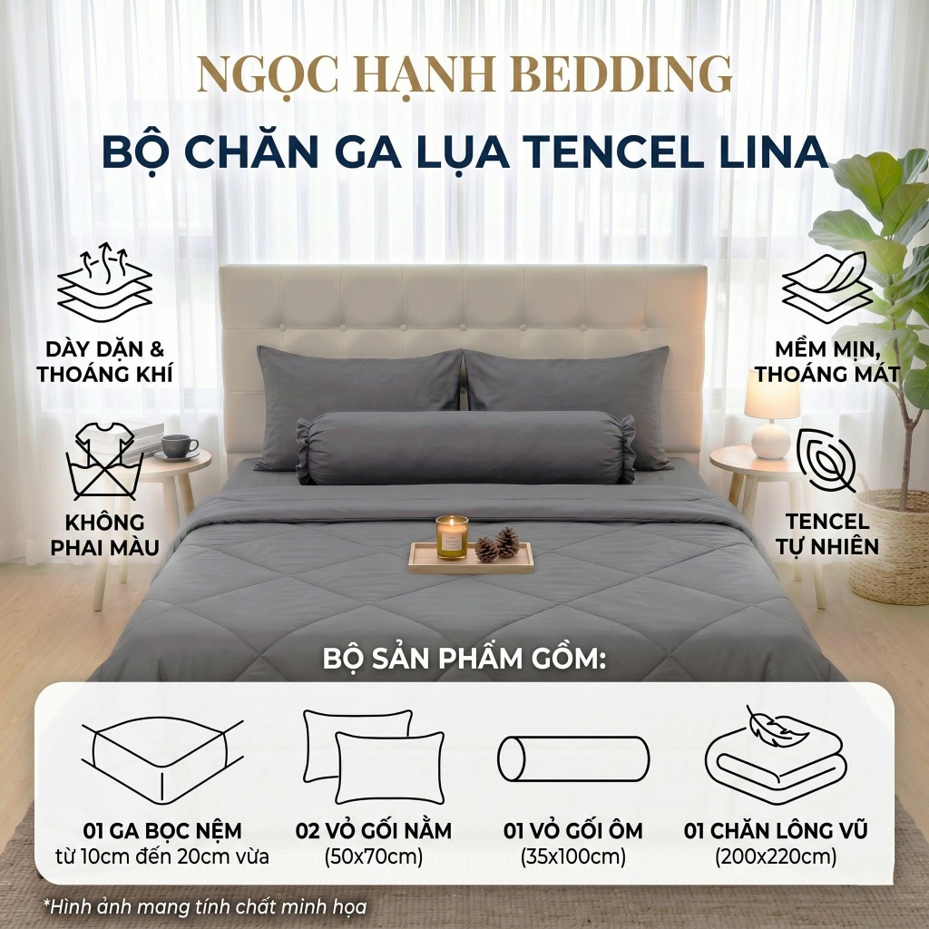 Bộ Ga Lụa Tencel MỀM MẠI, THOÁNG MÁT, Tencel Lina nệm 10cm đến 20cm - Ngọc Hạnh Bedding