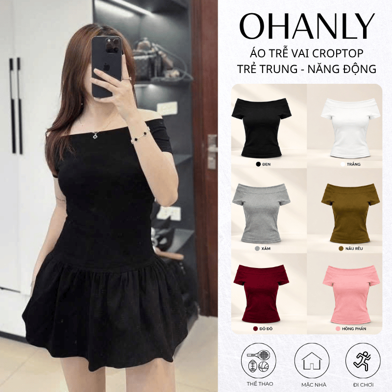 Áo Thun Nữ Trễ Vai OHANLY – Áo Croptop Ôm Body Tay Ngắn Chất Cotton Co Giãn Style Hàn Quốc