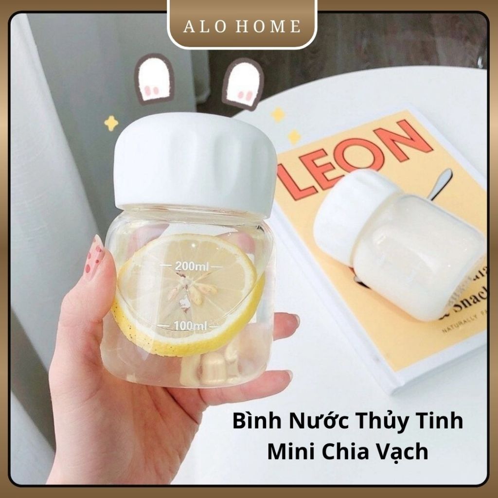 Bình Thủy Tinh Dáng Lùn ALOHOME 200ml Mini Chia Vạch, Bình Nước Có Nắp Nhỏ Gọn Tiện Dụng