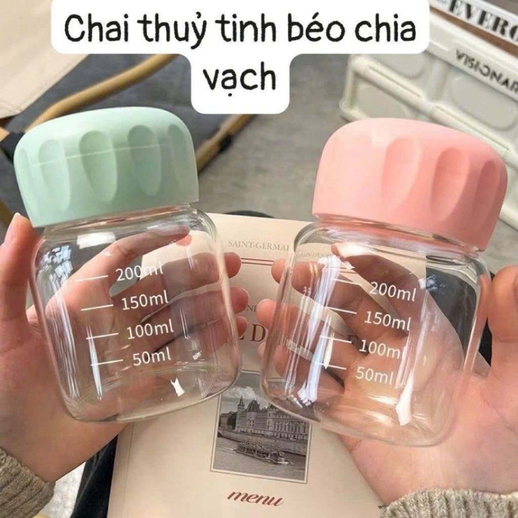 Bình Thủy Tinh Dáng Lùn ALOHOME 200ml Mini Chia Vạch, Bình Nước Có Nắp Nhỏ Gọn Tiện Dụng