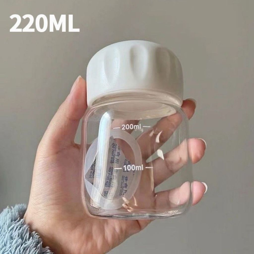 Bình Thủy Tinh Dáng Lùn ALOHOME 200ml Mini Chia Vạch, Bình Nước Có Nắp Nhỏ Gọn Tiện Dụng