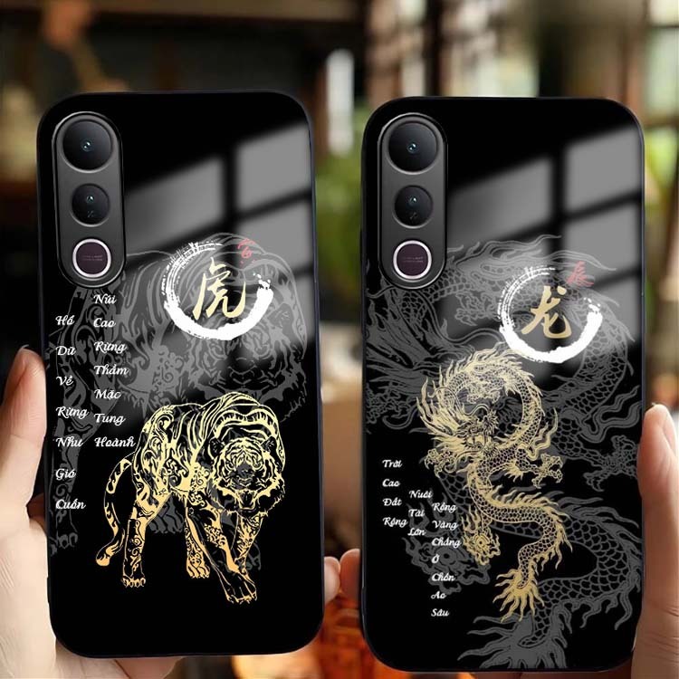 Ốp Lưng Cho VIVO V50 LITE Mặt Lưng Kính Cường Lực 12 Con Giáp Thư Pháp