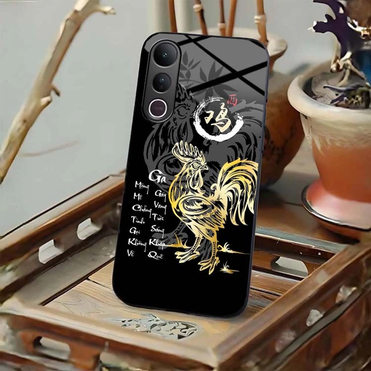 Ốp Lưng Cho VIVO V50 LITE Mặt Lưng Kính Cường Lực 12 Con Giáp Thư Pháp