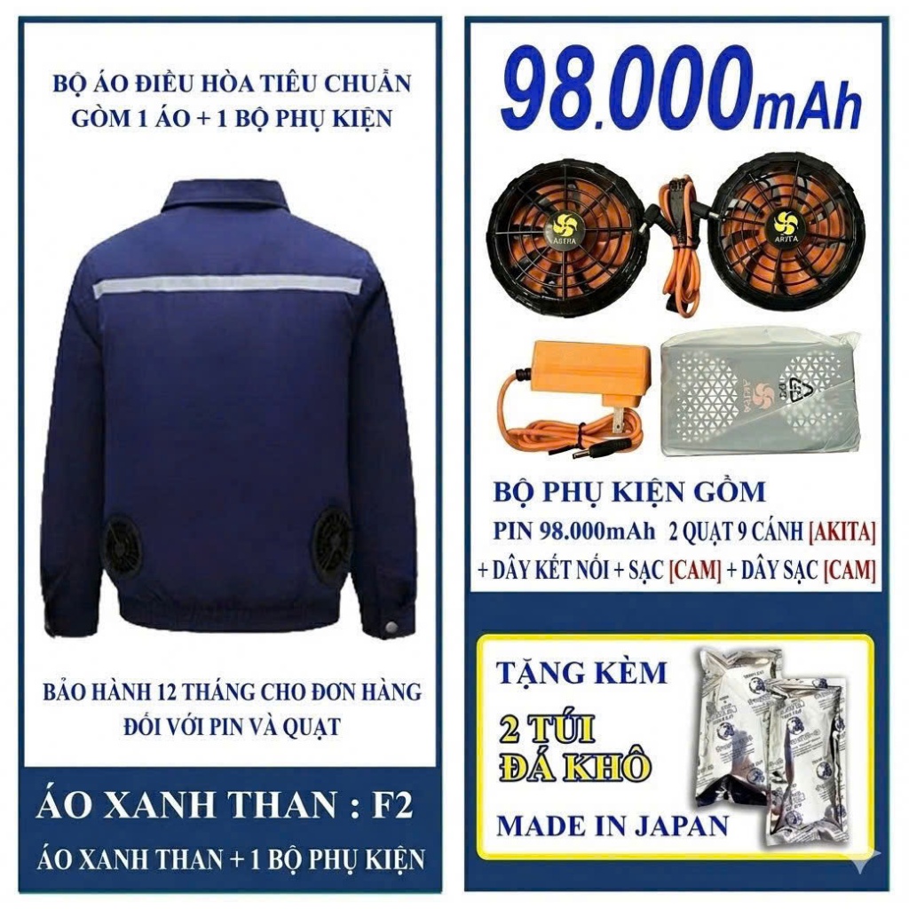 Áo Điều Hòa Nhật Bản 21V Áo Bảo Hộ Gắn Quạt Trang Phục Lao Động Làm Mát Cơ Thể Pin 98000 mah DOZI