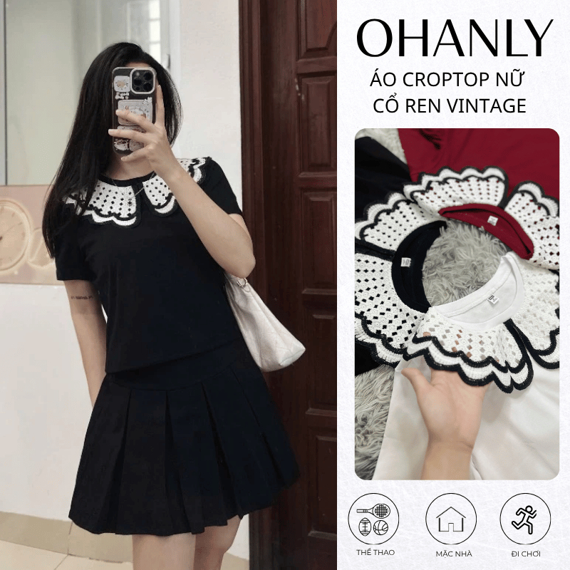 Áo Croptop Nữ Cổ Ren Vintage OHANLY – Áo Thun Croptop Tay Ngắn Form Regular Fit Phối Cổ Bèo Tiểu Thư