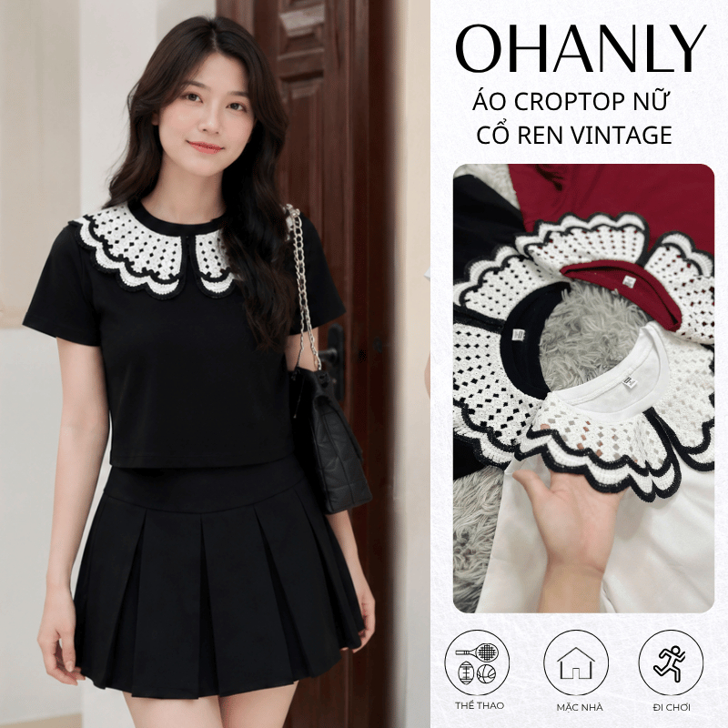 Áo Croptop Nữ Cổ Ren Vintage OHANLY – Áo Thun Croptop Tay Ngắn Form Regular Fit Phối Cổ Bèo Tiểu Thư