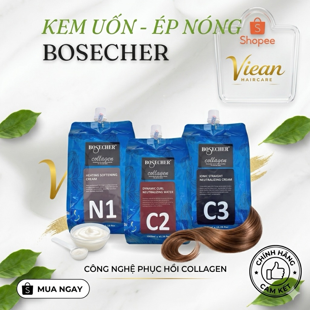 Kem Uốn Ép Nóng Collagen Bosecher N1 C2 C3 Chính Hãng 1000ml - Duỗi Uốn Tóc Chuyên Nghiệp Cho Salon