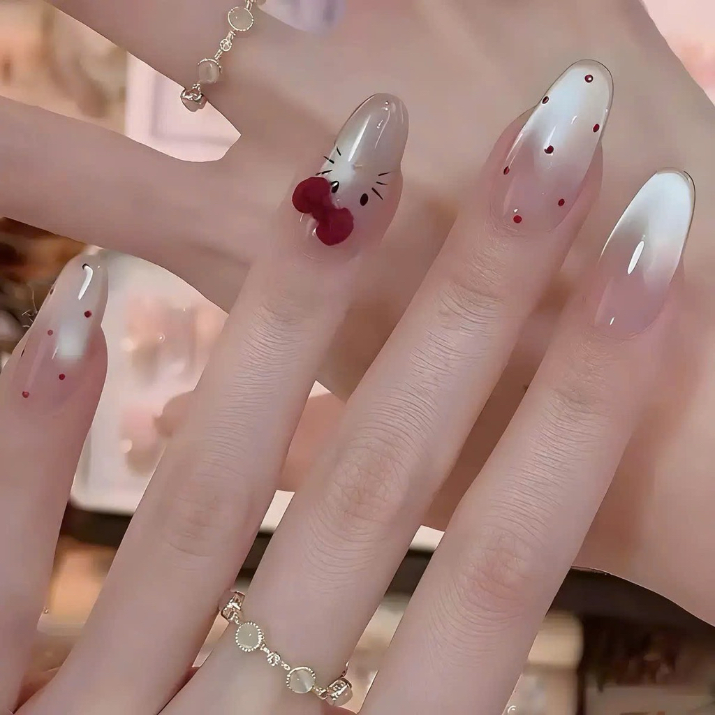 Nailbox [Mã N50] Hello Kitty Mắt Mèo Nơ Nhung From Oval Ngắn - Thiết Kế Độc Đáo Cho Móng Tay