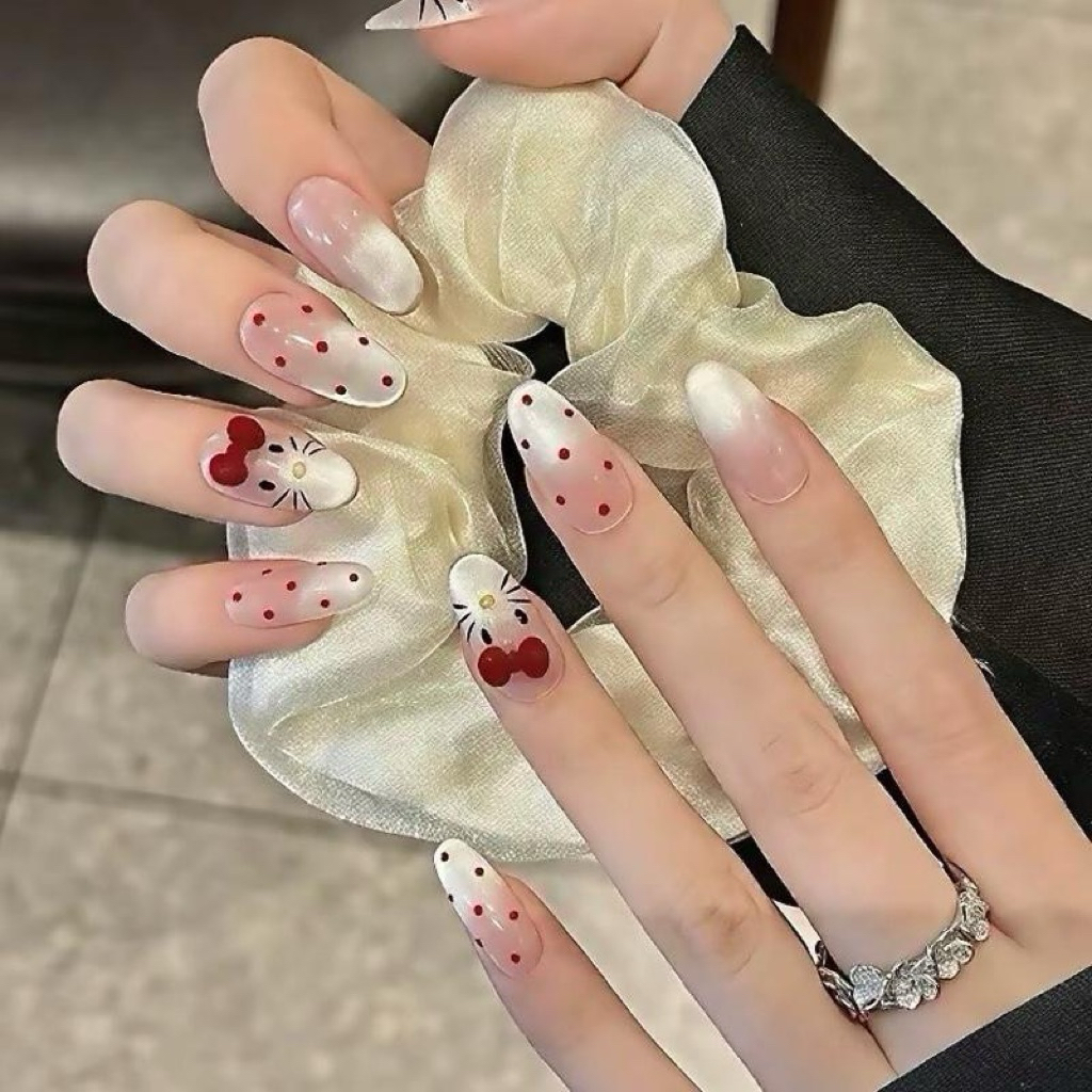 Nailbox [Mã N50] Hello Kitty Mắt Mèo Nơ Nhung From Oval Ngắn - Thiết Kế Độc Đáo Cho Móng Tay