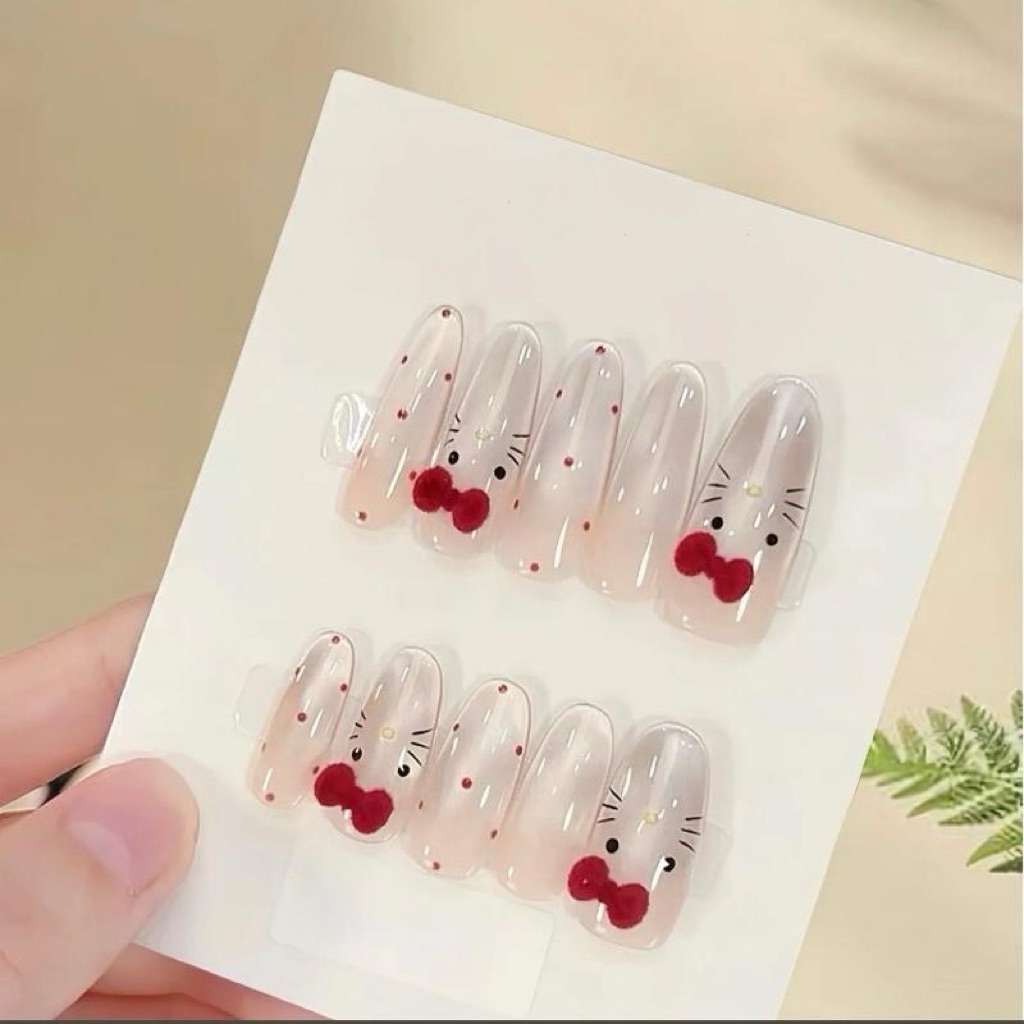Nailbox [Mã N50] Hello Kitty Mắt Mèo Nơ Nhung From Oval Ngắn - Thiết Kế Độc Đáo Cho Móng Tay