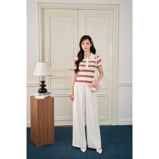 DELIZ - Áo len cổ polo phối họa tiết kẻ ngang thanh lịch cao cấp mỏng nhẹ phù hợp mặc mùa hè DELIZ PL310