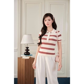 DELIZ - Áo len cổ polo phối họa tiết kẻ ngang thanh lịch cao cấp mỏng nhẹ phù hợp mặc mùa hè DELIZ PL310