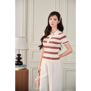 DELIZ - Áo len cổ polo phối họa tiết kẻ ngang thanh lịch cao cấp mỏng nhẹ phù hợp mặc mùa hè DELIZ PL310