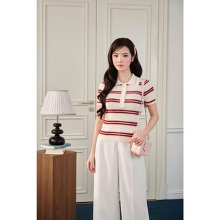 DELIZ - Áo len cổ polo phối họa tiết kẻ ngang thanh lịch cao cấp mỏng nhẹ phù hợp mặc mùa hè DELIZ PL310