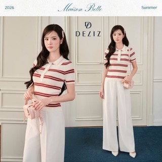 DELIZ - Áo len cổ polo phối họa tiết kẻ ngang thanh lịch cao cấp mỏng nhẹ phù hợp mặc mùa hè DELIZ PL310