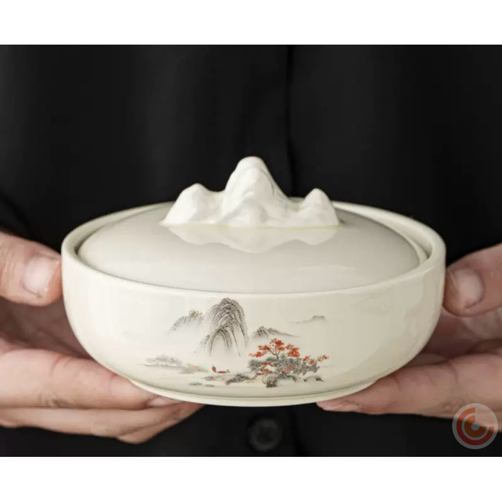 Nghiên mực gốm sứ cao cấp phong cách sơn thủy cổ điển – vừa giữ mực, giữ nước, vừa có gác bút bảo vệ đầu lông bút