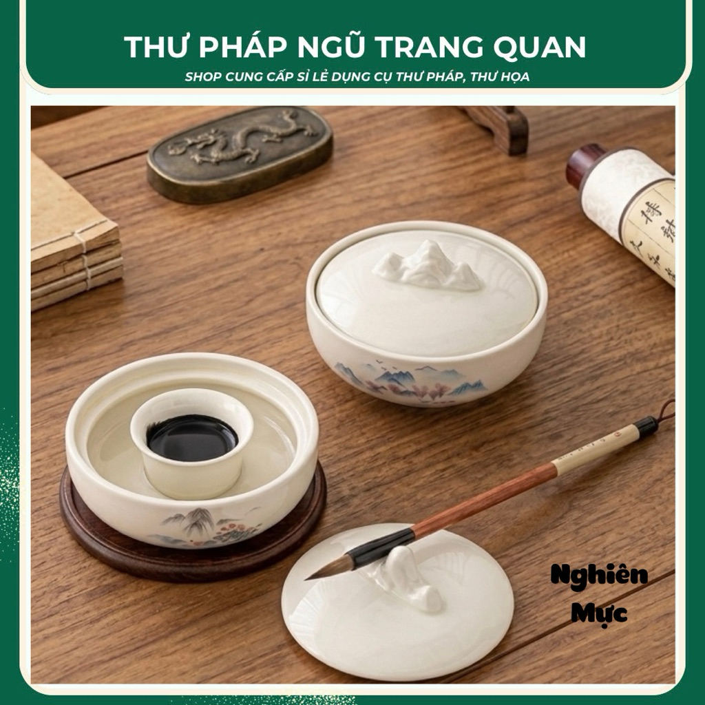 Nghiên mực gốm sứ cao cấp phong cách sơn thủy cổ điển – vừa giữ mực, giữ nước, vừa có gác bút bảo vệ đầu lông bút