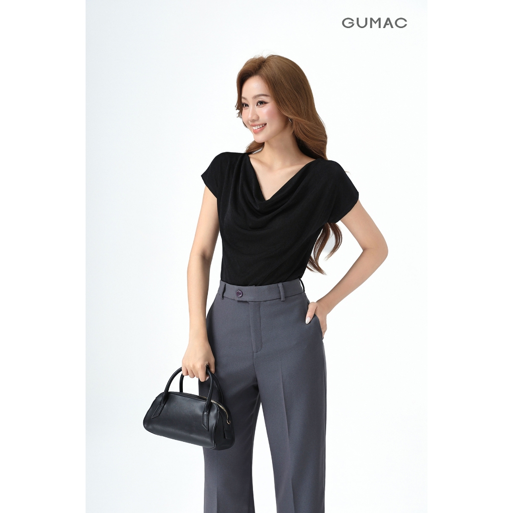 Áo Thun Cổ Đổ GUMAC Áo Thun Kiểu Sang Trọng Áo Đi Tiệc Vải Thun Ánh Nhung Co Giãn Tôn Dáng ATE01031