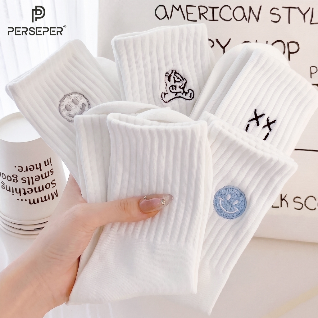 Tất cổ cao nữ chất liệu cotton, họa tiết hình thêu dễ thương - Cherry Shop