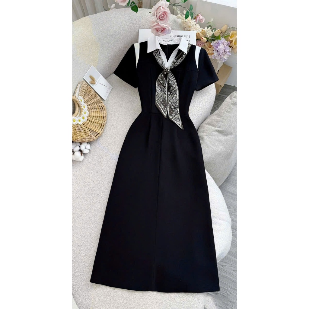 Váy đầm nữ thiết kế U&M có Bigsize tặng kèm khăn cổ sơ mi dáng dài thanh lịch, đi làm, đi tiệc (V70)