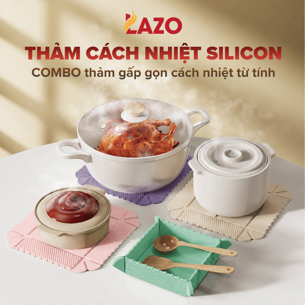 COMBO 3 thảm silicon từ tính LAZO có thể gấp gọn đa năng, thảm lót nồi cách nhiệt và đa năng