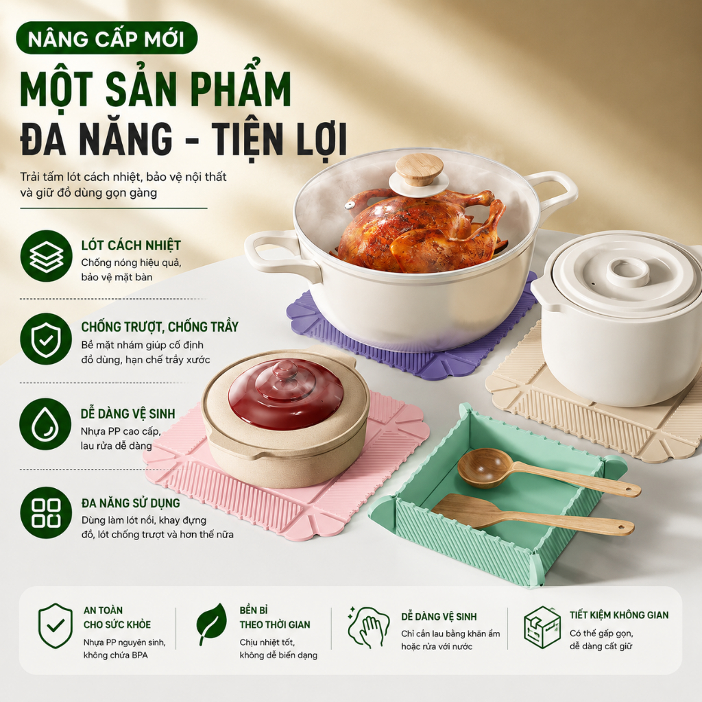 COMBO 3 thảm silicon từ tính LAZO có thể gấp gọn đa năng, thảm lót nồi cách nhiệt và đa năng