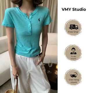 VMY Studio - Áo len tăm mỏng tay ngắn cổ tròn thêu ngựa xinh xắn, áo thun cổ tròn tay ngắn thêu họa tiết trẻ trung nữ