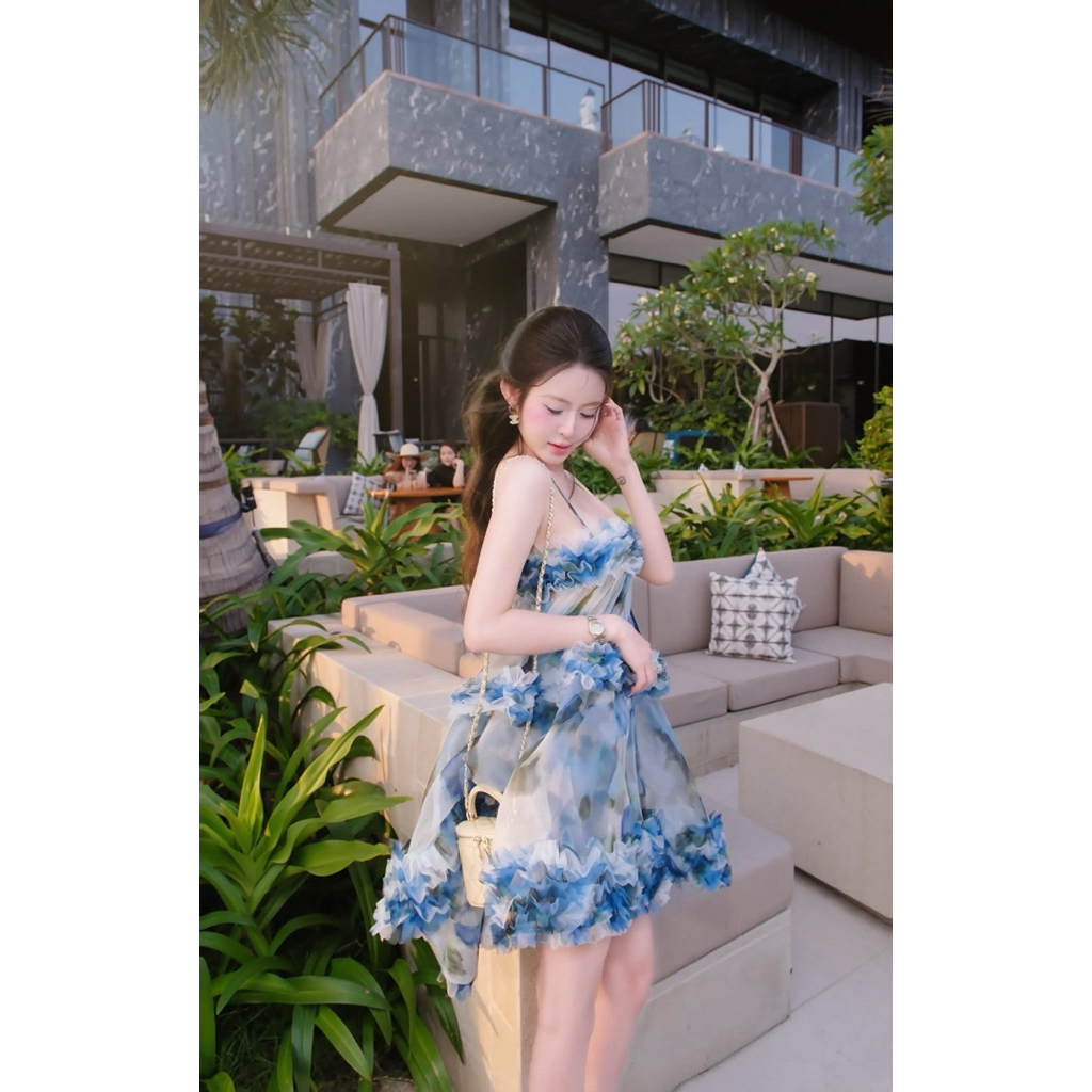 Đầm 2 dây tơ xoè bèo tầng xanh loang