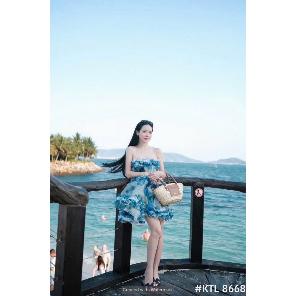 Đầm 2 dây tơ xoè bèo tầng xanh loang