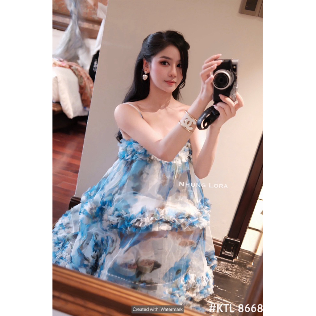 Đầm 2 dây tơ xoè bèo tầng xanh loang