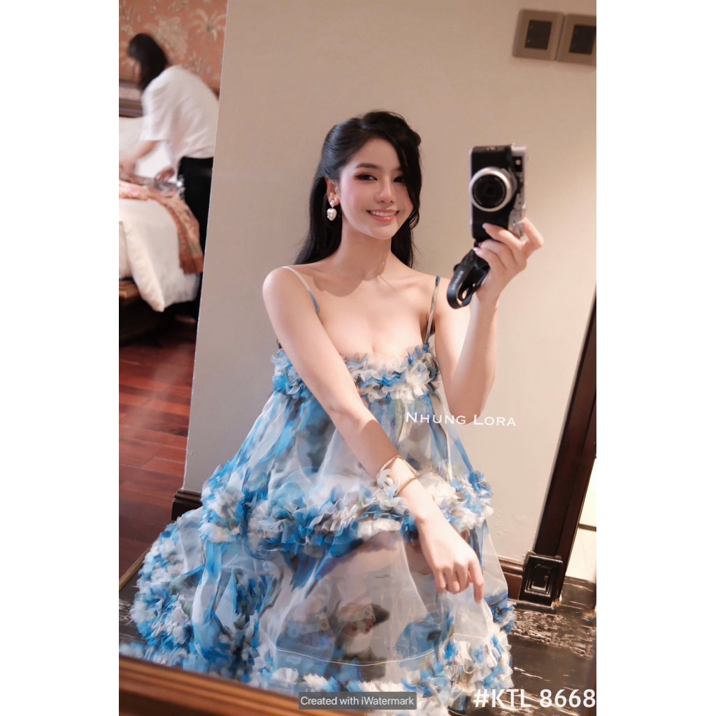 Đầm 2 dây tơ xoè bèo tầng xanh loang