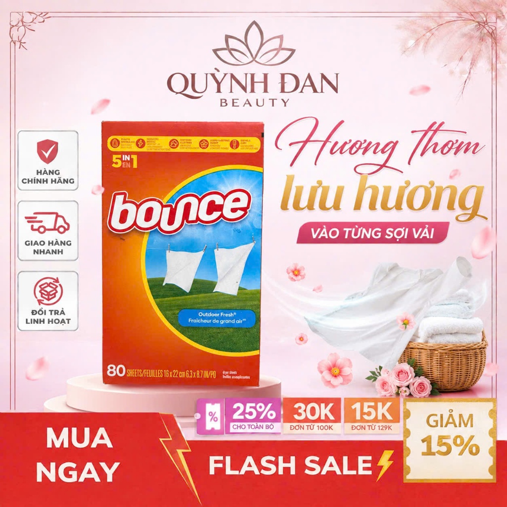Giấy thơm quần áo Bounce và Kirkland hương tự nhiên, kiểm soát tĩnh điện, chống nhăn, dùng máy sấy và tủ quần áo 80Miếng