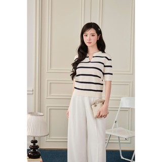 DELIZ PREMIUM - Áo len nữ ngắn tay cổ chữ V phối kẻ ngang trẻ trung thanh lịch chất liệu cải tiến DELIZ ALC606