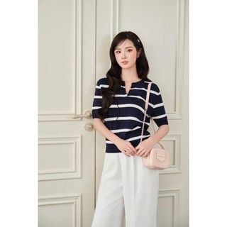DELIZ PREMIUM - Áo len nữ ngắn tay cổ chữ V phối kẻ ngang trẻ trung thanh lịch chất liệu cải tiến DELIZ ALC606