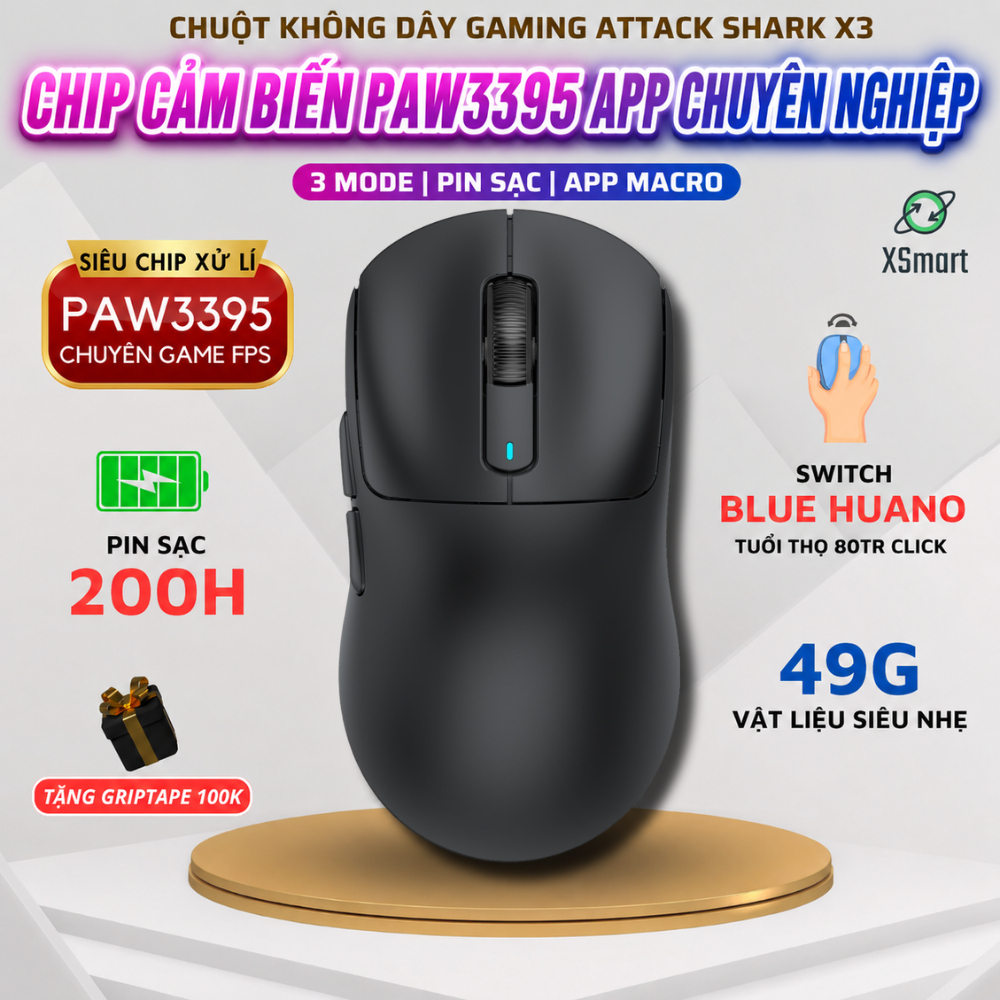 Chuột Máy Tính Bluetooth Không Dây Siêu Chip PAW3395 Attack Shark X3 PRO Tặng Grip Tape, Chuyên Game