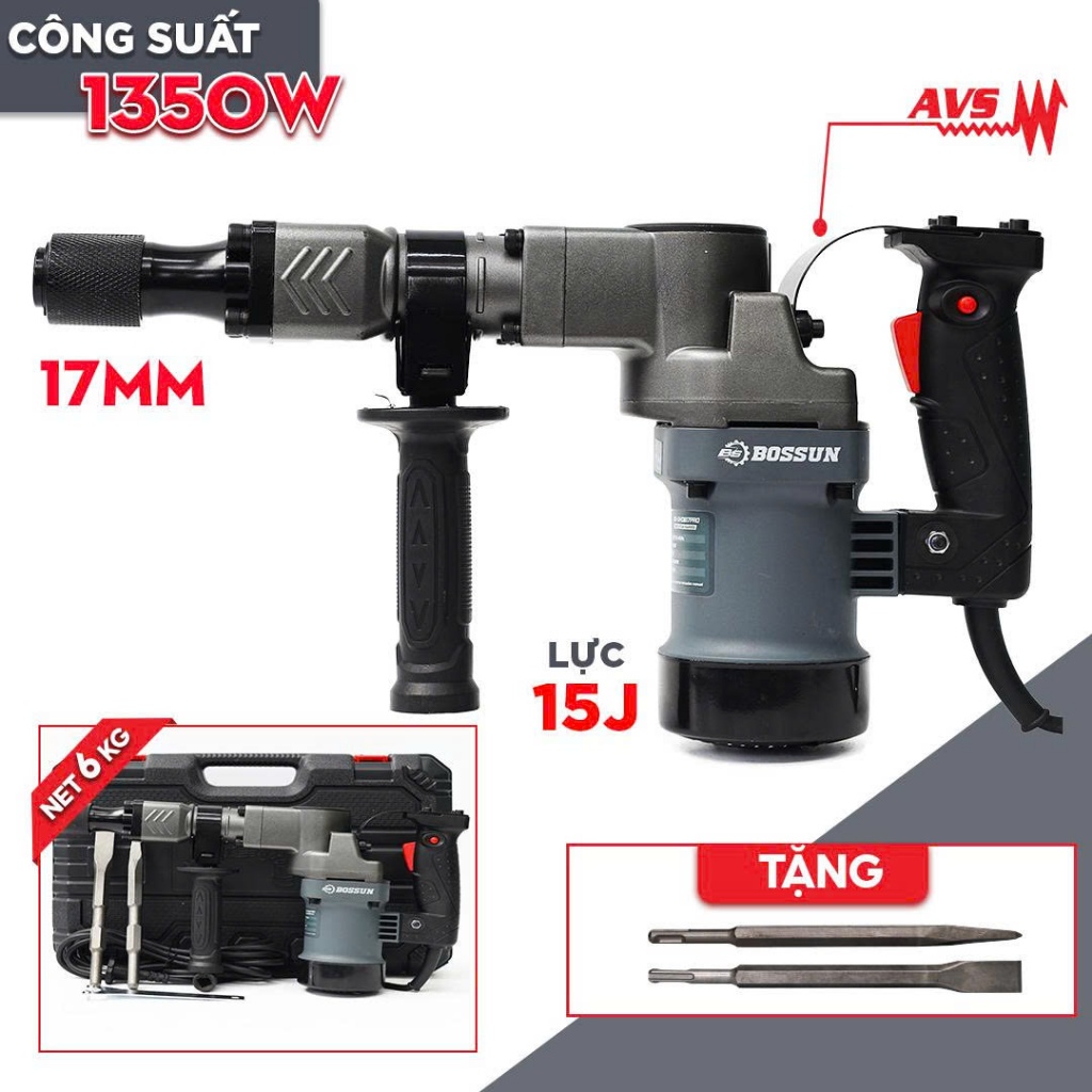 [TẶNG 2 MŨI ĐỤC] Máy Đục Bê Tông BOSSUN BS-DH0817PRO - Công Suất 1600W, Lực Đập 16J Siêu Mạnh, Kèm 2 Mũi Đục, Dây 5M