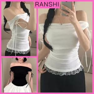 Áo Thun Trễ Vai Ngắn Tay Hai Lớp Ngực Viền Ren RANSHI Phối Nơ Ôm Dáng Tiểu Thư Chất Thun Cotton Mềm Mịn Co Dãn - RA355