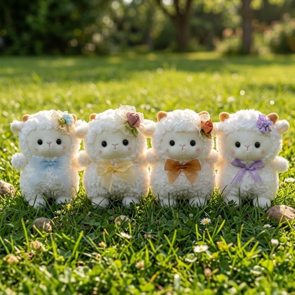 Gấu Bông Cừu Mini Đính Hoa Siêu Đáng Yêu, Thú Nhồi Bông Cừu Trắng Mềm Mại Quà Tặng Cho Bé, Decor