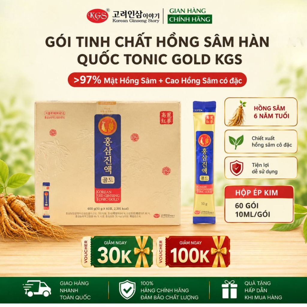 Nước Hồng Sâm Hàn Quốc KGS Tonic Gold – Hồng Sâm 6 Năm Bổ Sung Vitamin C, B3 - hộp 10 gói/ 60 gói
