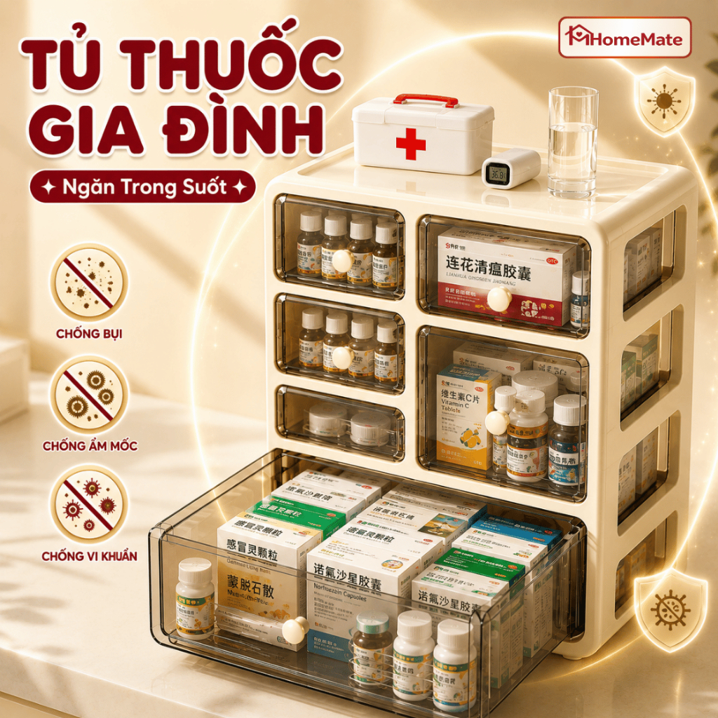 Tủ Thuốc Y Tế Gia Đình HomeMate Có Ngăn Kéo Trong Suốt, Tủ Đựng Mỹ Phẩm Để Bàn Gọn Gàng